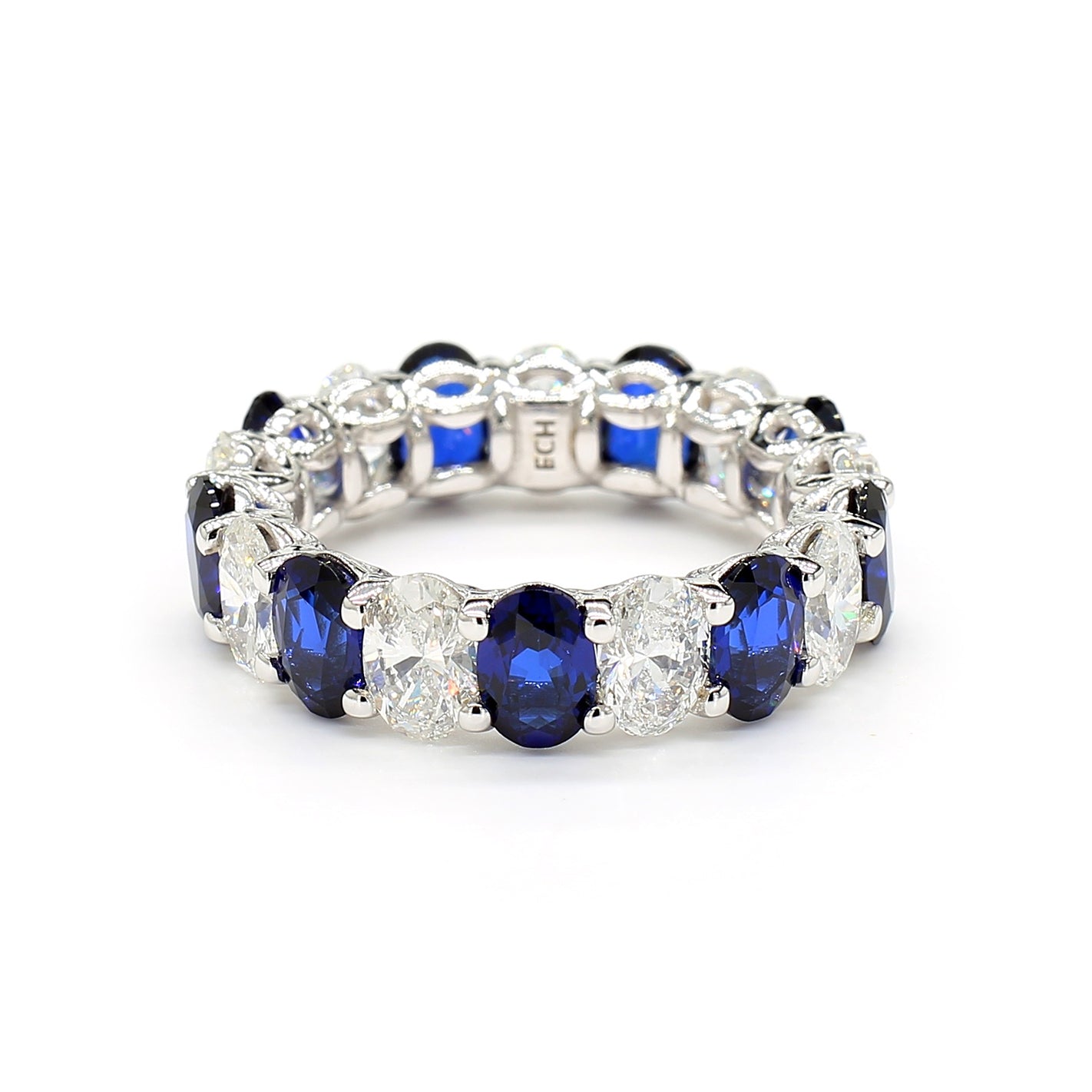 Oval Shape Blue Sapphire & White Diamond 14K White Gold Eternity band Size 7