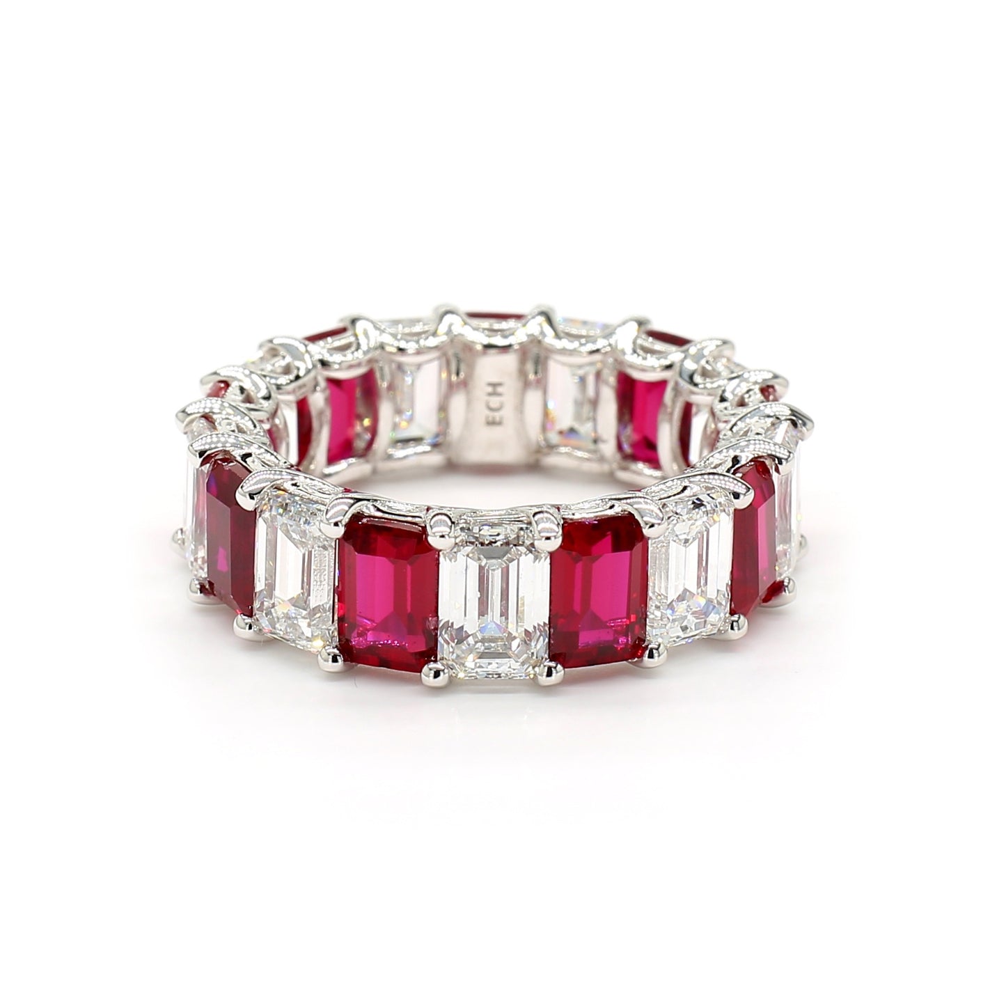 Emerald Shape Ruby & White Diamond 14K White Gold Eternity band Size 7
