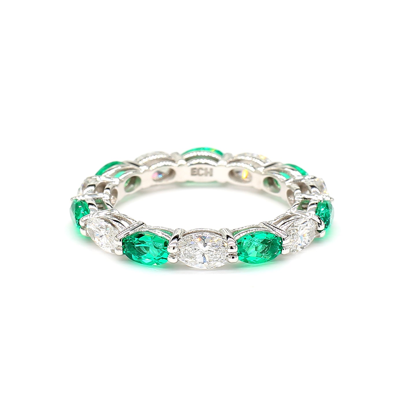 Oval Shape Columbian Emerald & White Diamond 14K White Gold Eternity band Size 6.5