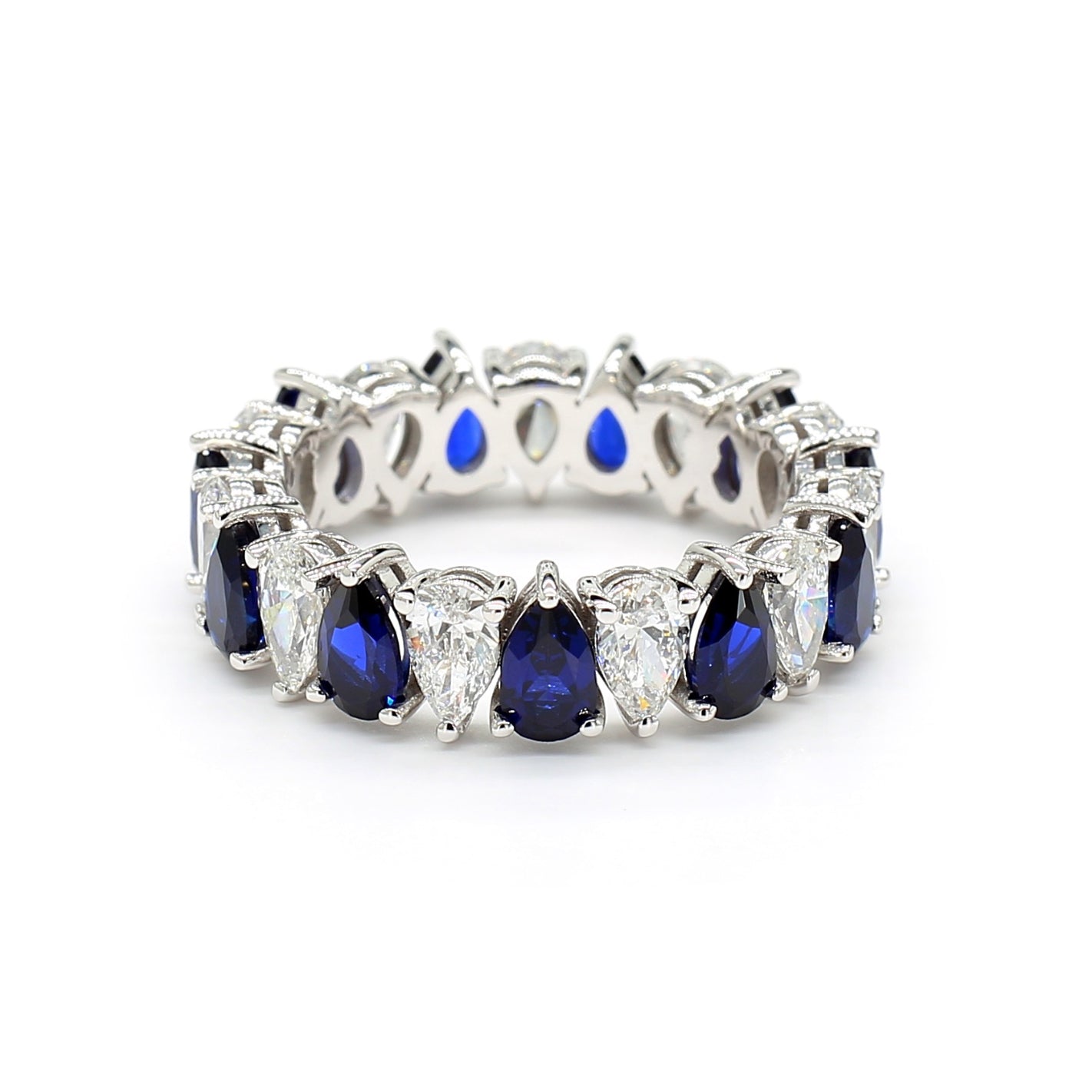Pear Shape Sapphire & White Diamond 14K White Gold Eternity band Size 6.5