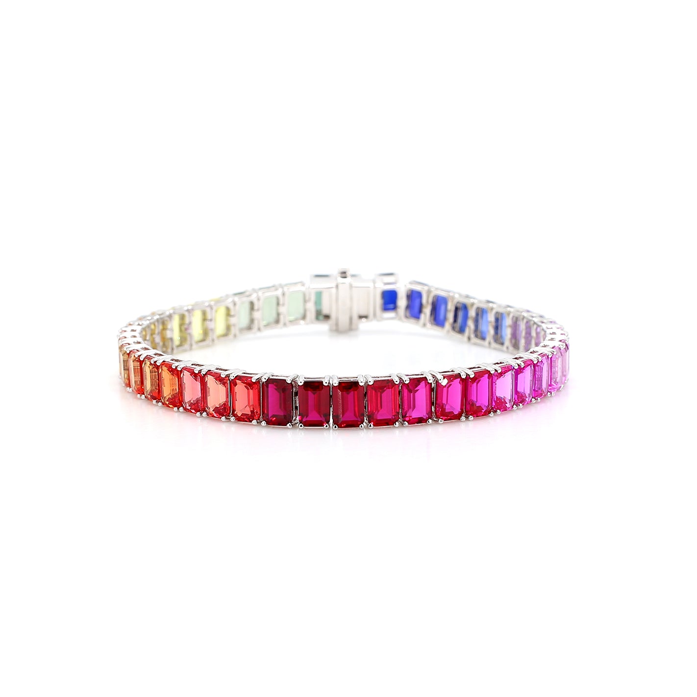 Emerald Shape Rainbow Color 14K White Gold Bracelet