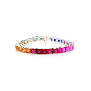 Princess Shape Rainbow Color Sapphire 14K White Gold Bracelet