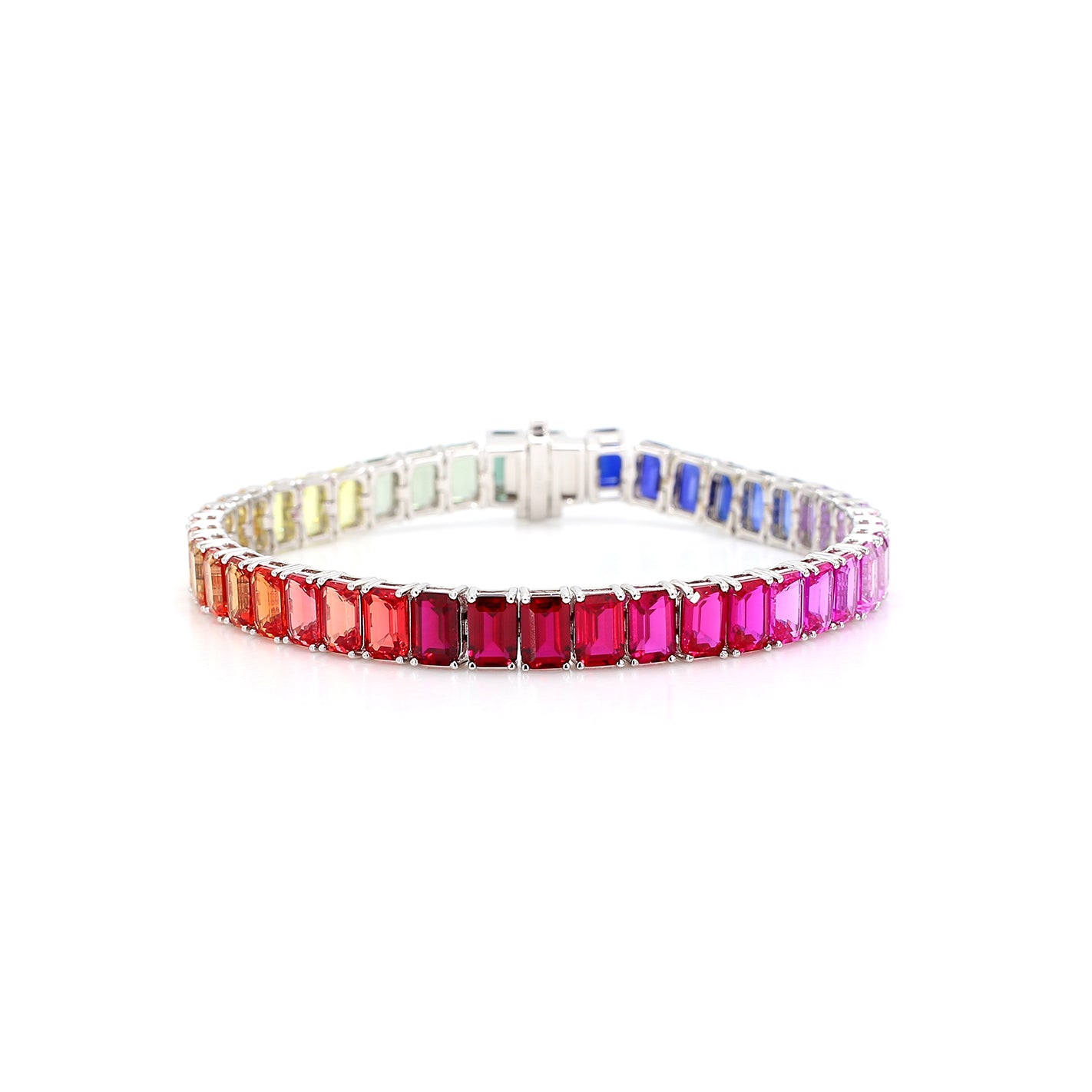 Emerald Shape Rainbow Color 14K White Gold Bracelet
