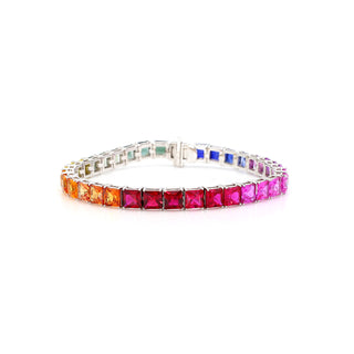 Princess Shape Rainbow Color Sapphire 14K White Gold Bracelet
