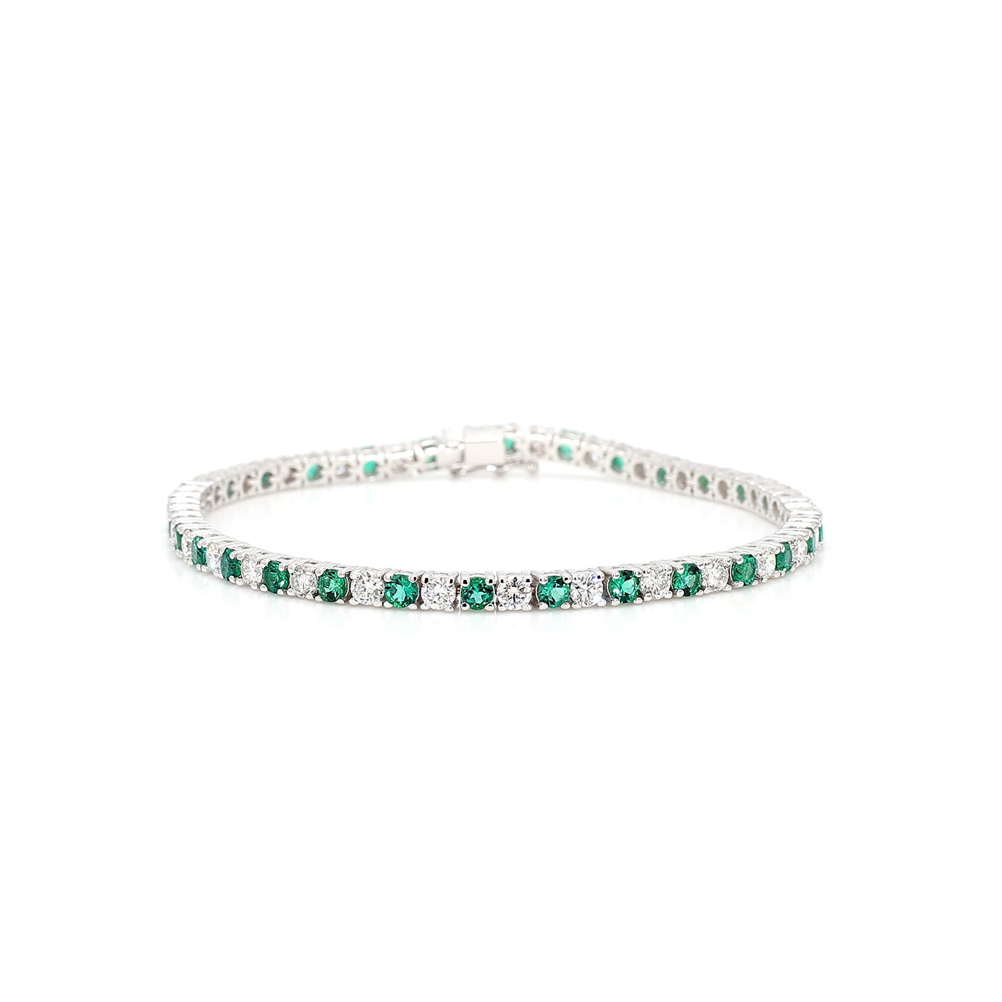 Round Shape Emerald & White Diamond 14K White Gold Bracelet