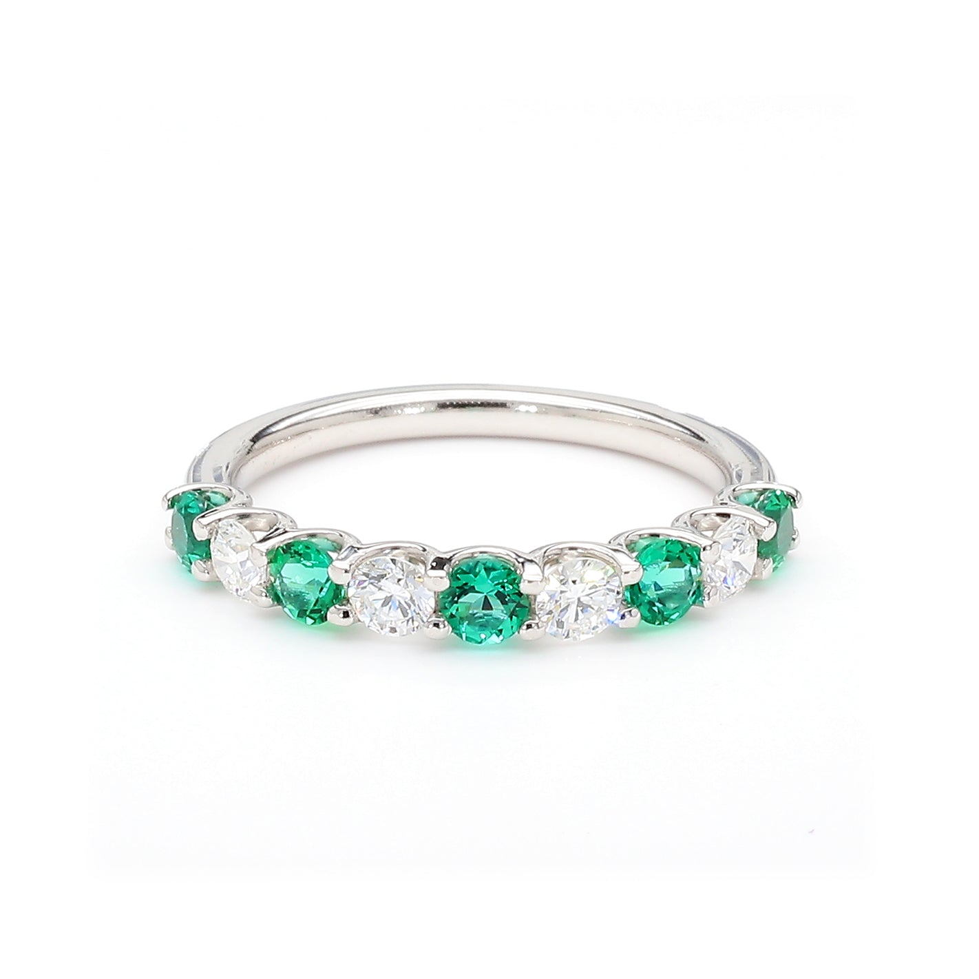 Round Shape Emerald & Labgrown White Diamond 14K White Gold Ring Size 7