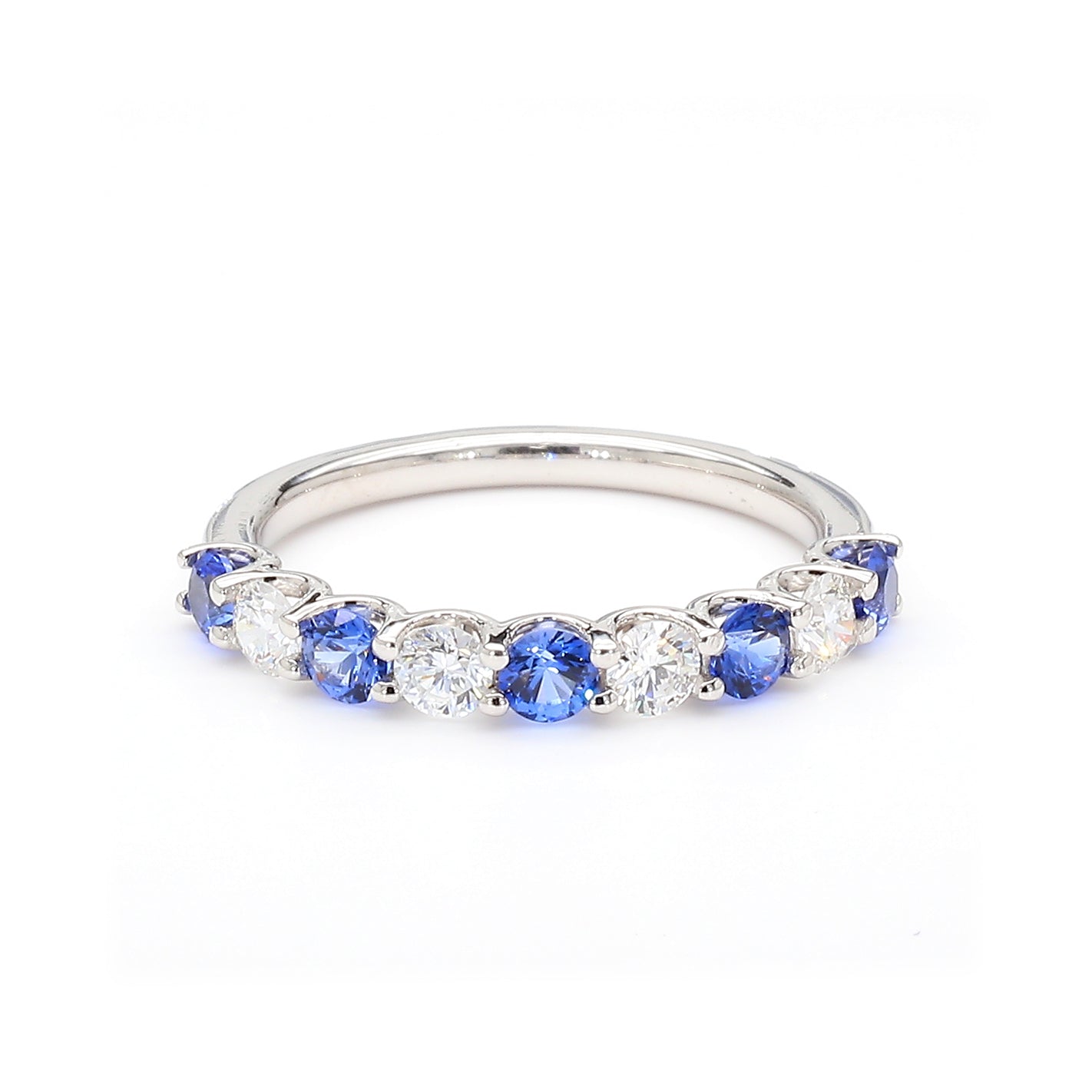Round Shape Sapphire & Labgrown White Diamond 14K White Gold Ring Size 7