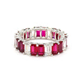 Emerald Shape Ruby & White Diamond 14K White Gold Eternity band Size 7