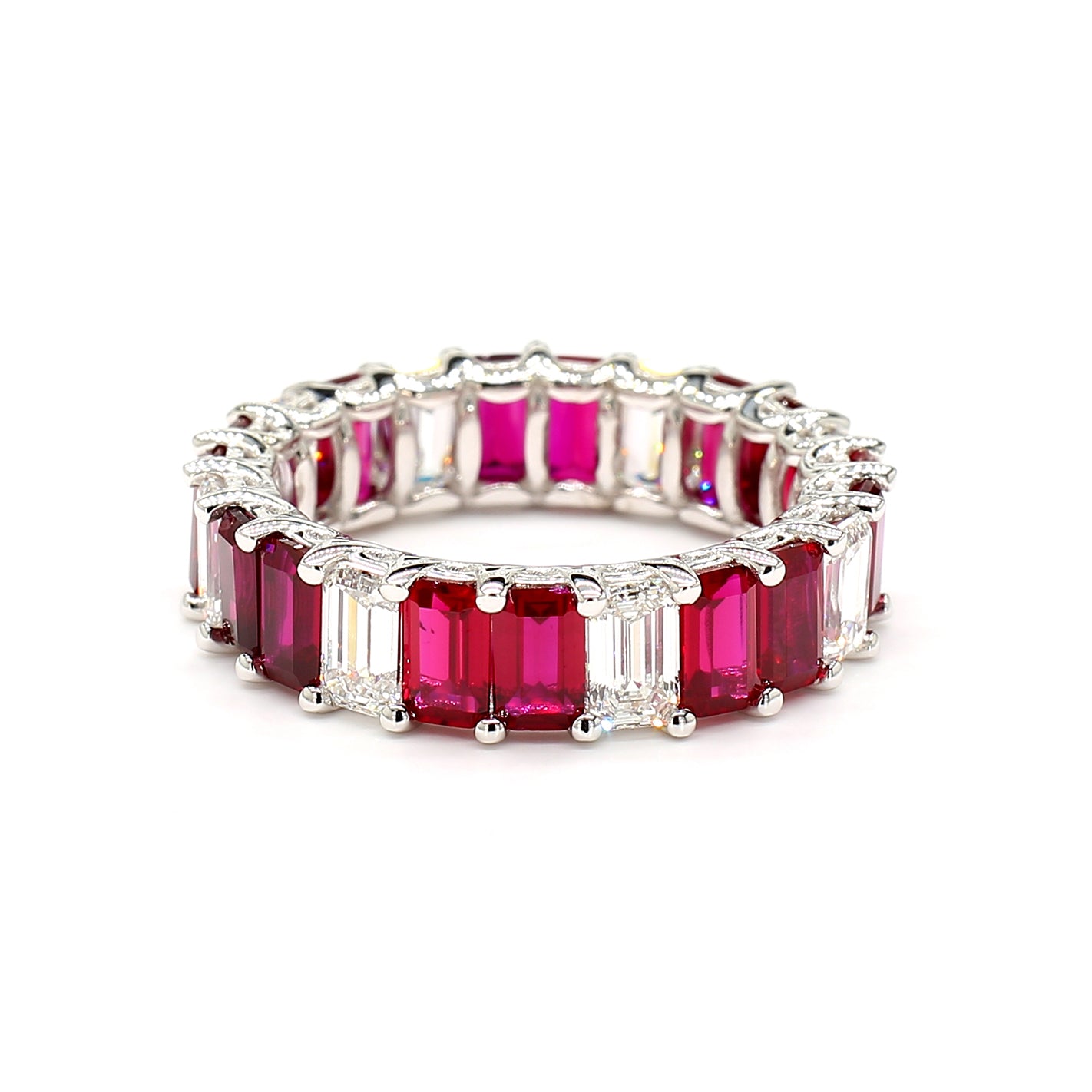 Emerald Shape Ruby & White Diamond 14K White Gold Eternity band Size 7