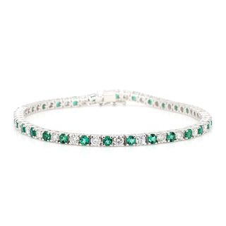 Round Shape Emerald & White Diamond 14K White Gold Bracelet