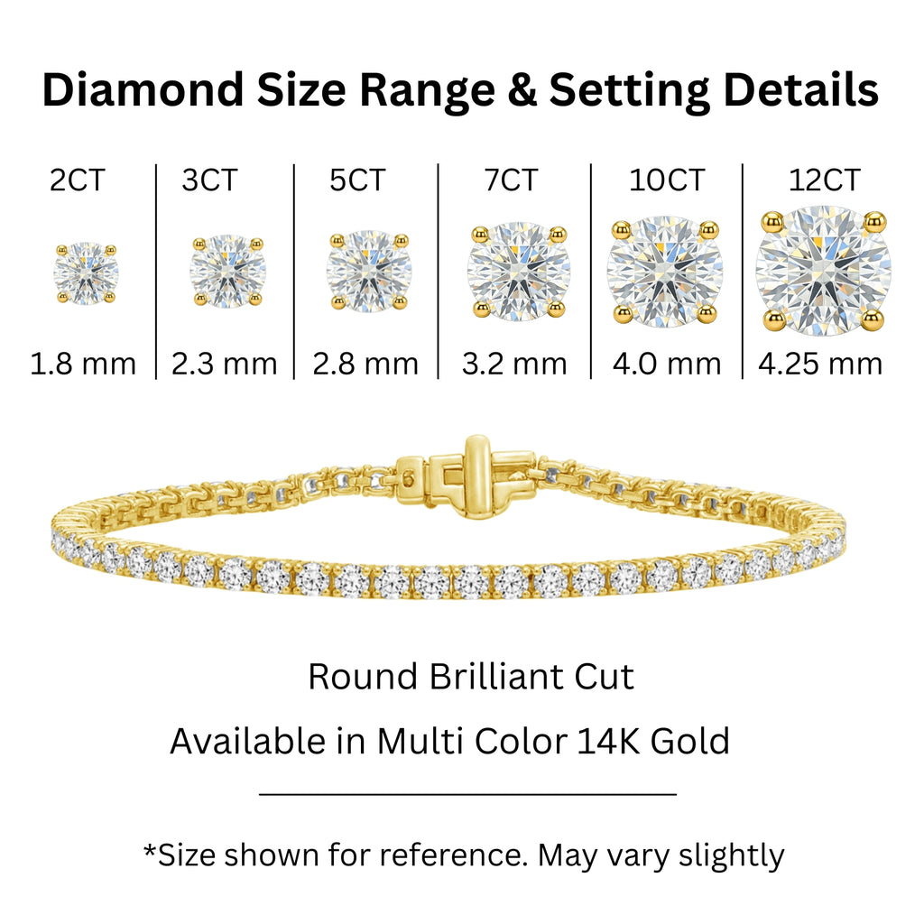 2.00 - 12.00 Carat Carat T.W. Round-cut Lab Grown Diamond (F/VS+) 14K Gold Bracelet - Assorted Colors & Carat