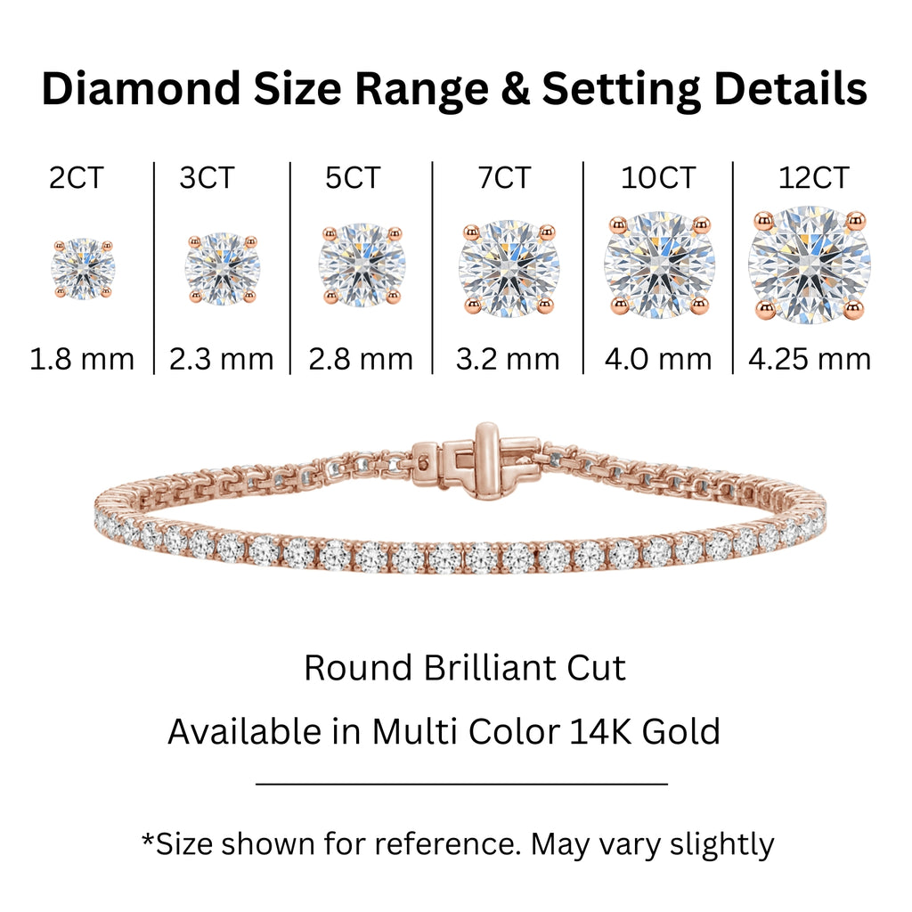 2.00 - 12.00 Carat Carat T.W. Round-cut Lab Grown Diamond (F/VS+) 14K Gold Bracelet - Assorted Colors & Carat