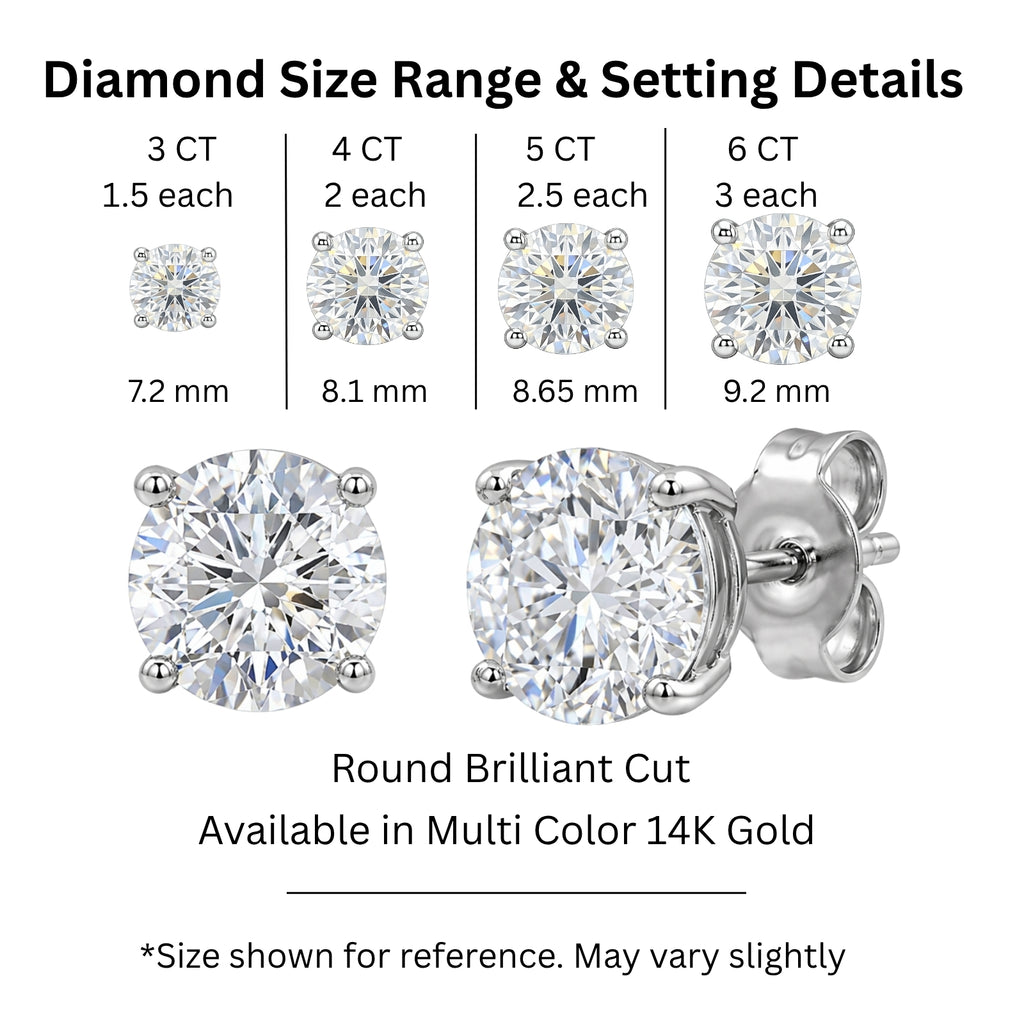 3.00-6.00 Carat T.W. Round-cut Lab Grown Diamond (F/VS+) 14K Gold Stud Earrings with Double Notch Post & Pushback