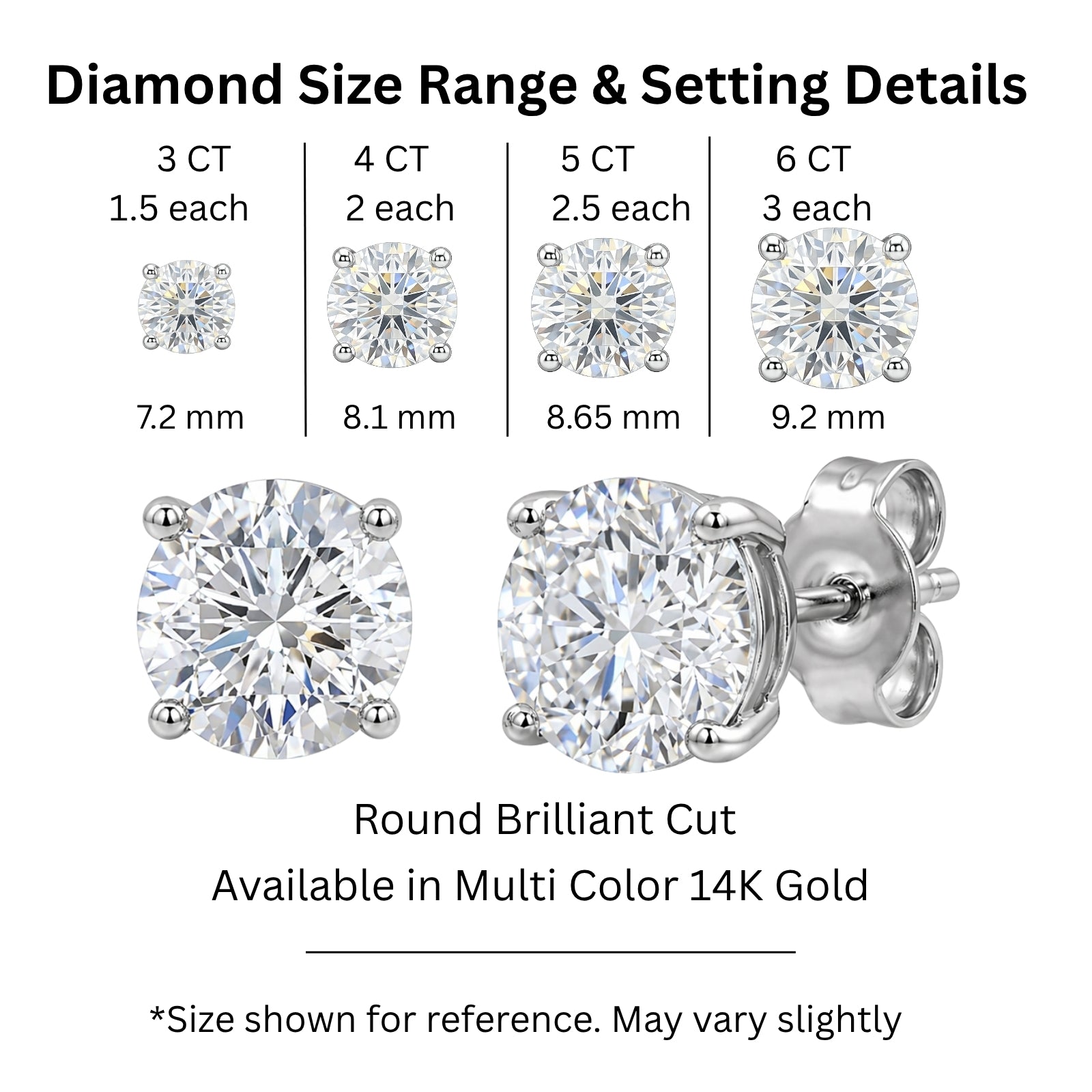 3.00-6.00 Carat T.W. Round-cut Lab Grown Diamond (F/VS+) 14K Gold Stud Earrings with Double Notch Post & Pushback