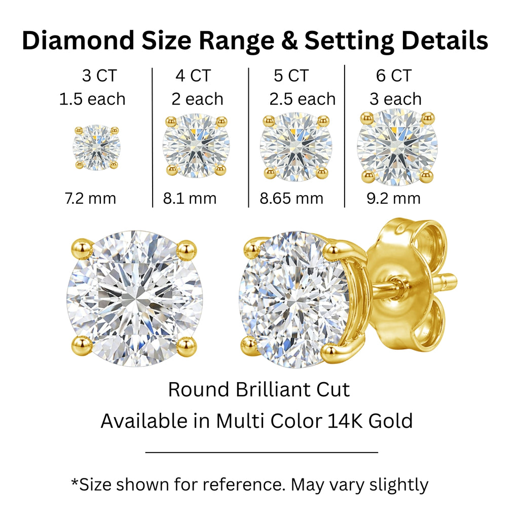 3.00-6.00 Carat T.W. Round-cut Lab Grown Diamond (F/VS+) 14K Gold Stud Earrings with Double Notch Post & Pushback