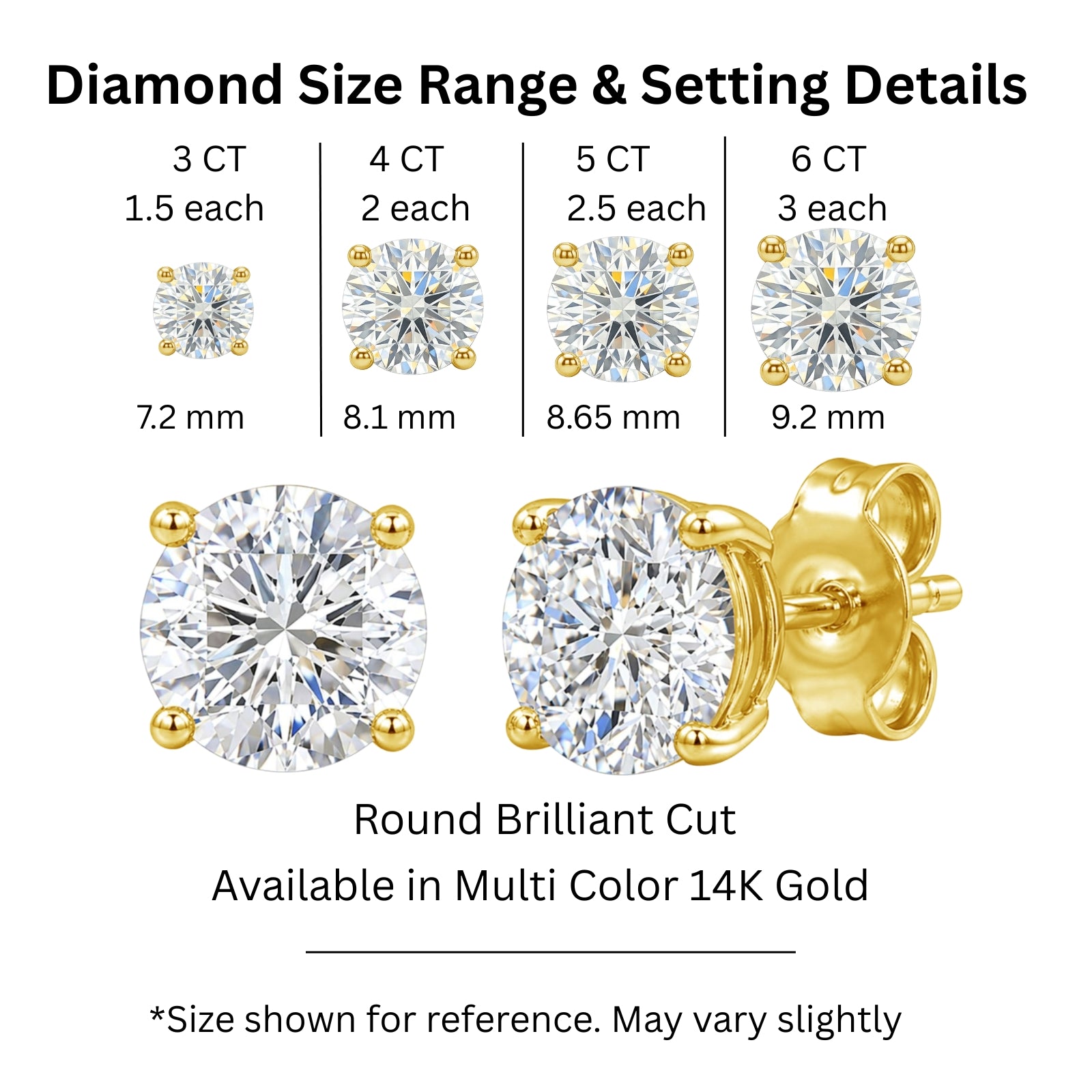 3.00-6.00 Carat T.W. Round-cut Lab Grown Diamond (F/VS+) 14K Gold Stud Earrings with Double Notch Post & Pushback