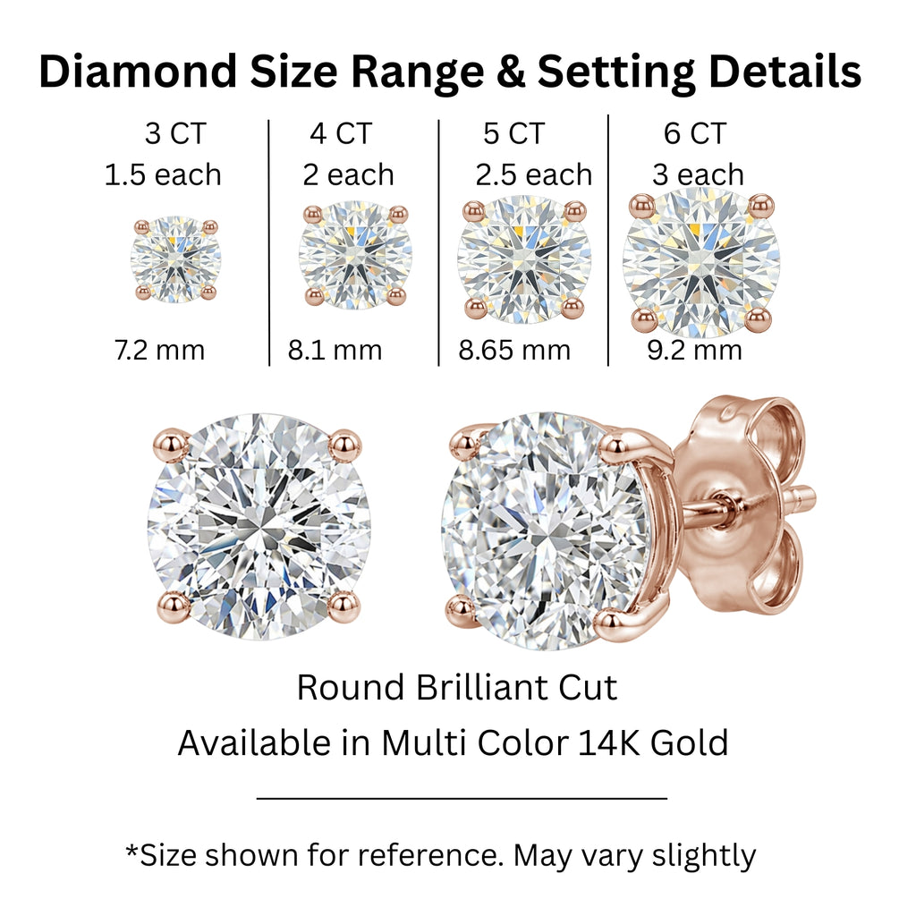 3.00-6.00 Carat T.W. Round-cut Lab Grown Diamond (F/VS+) 14K Gold Stud Earrings with Double Notch Post & Pushback