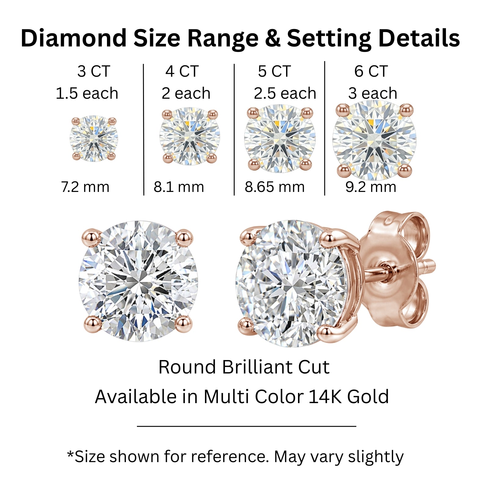 3.00-6.00 Carat T.W. Round-cut Lab Grown Diamond (F/VS+) 14K Gold Stud Earrings with Double Notch Post & Pushback
