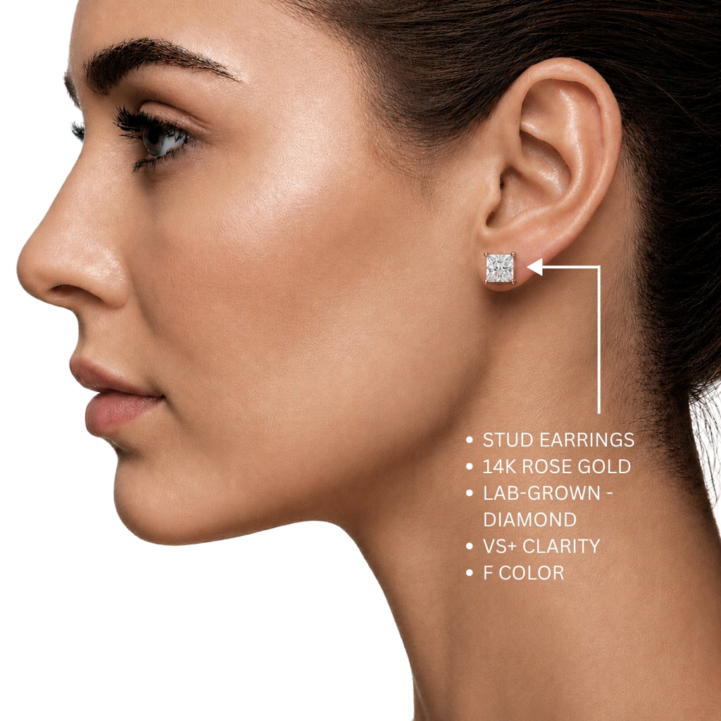 1.00 - 2.00 Carat T.W. Princess-cut Lab Grown Diamond (F/VS+) Stud Earrings with Double Notch Post & Pushback