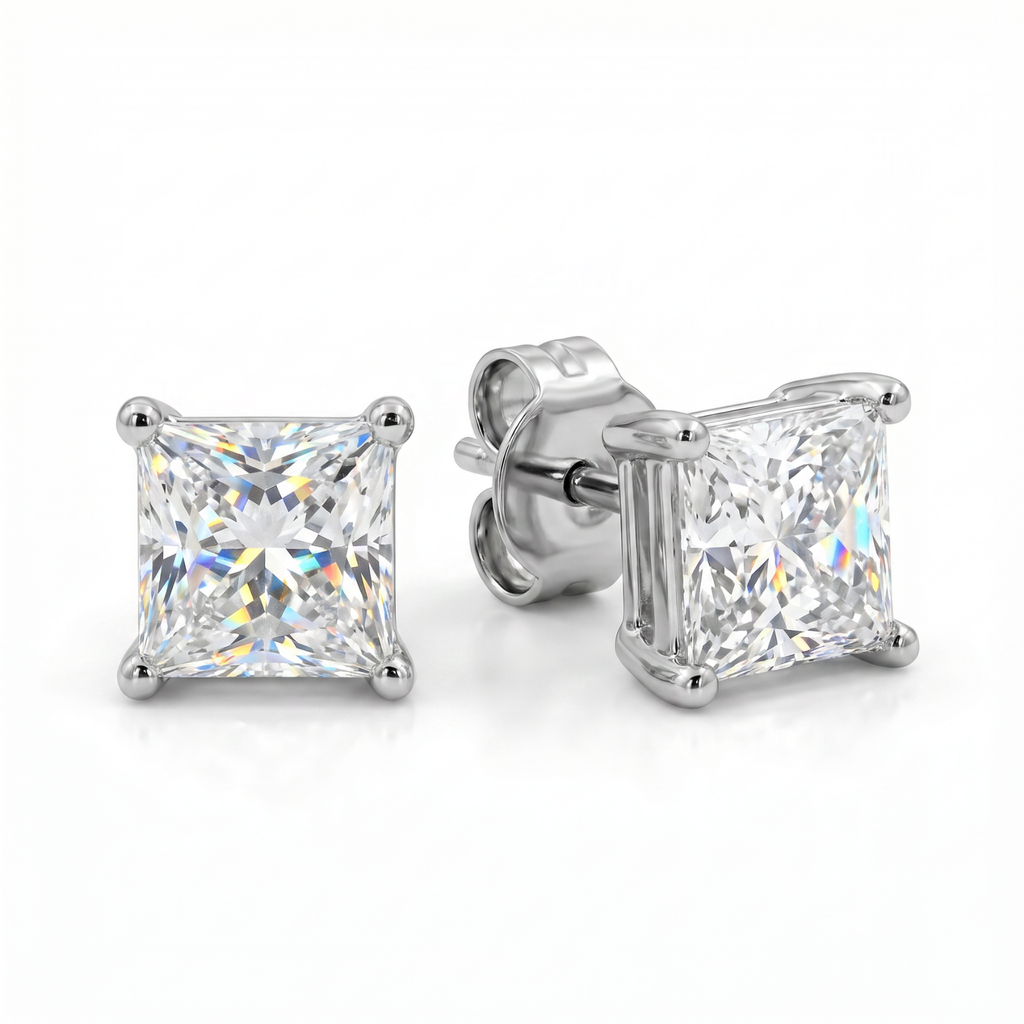 3.00-6.00 Carat T.W. Princess-cut Lab Grown Diamond (F/VS+) 14K Gold Stud Earrings with Double Notch Post & Pushback