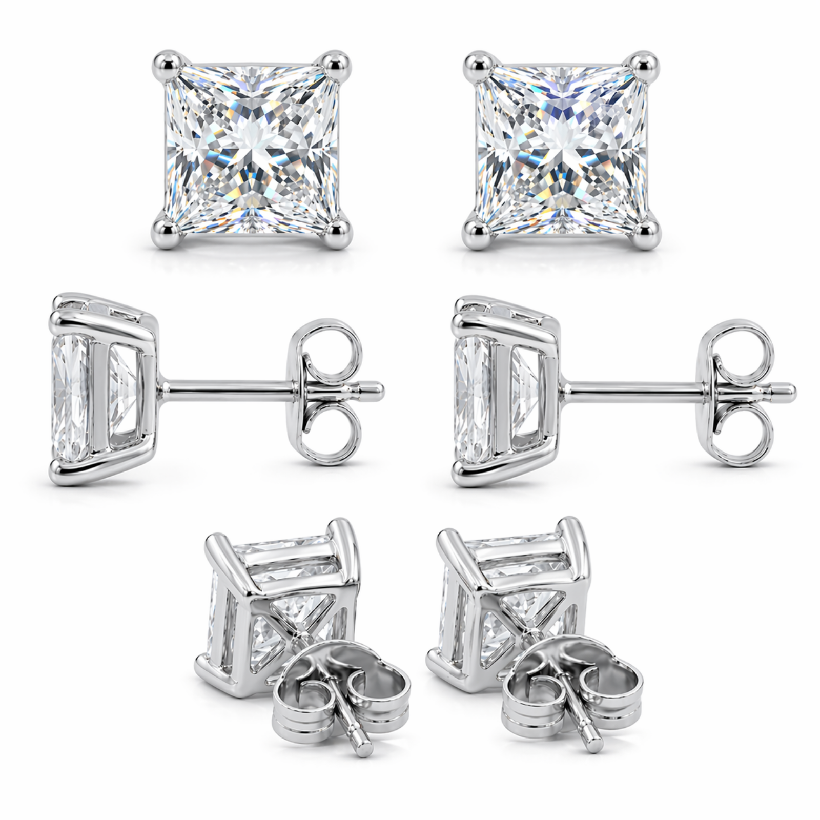 3.00-6.00 Carat T.W. Princess-cut Lab Grown Diamond (F/VS+) 14K Gold Stud Earrings with Double Notch Post & Pushback