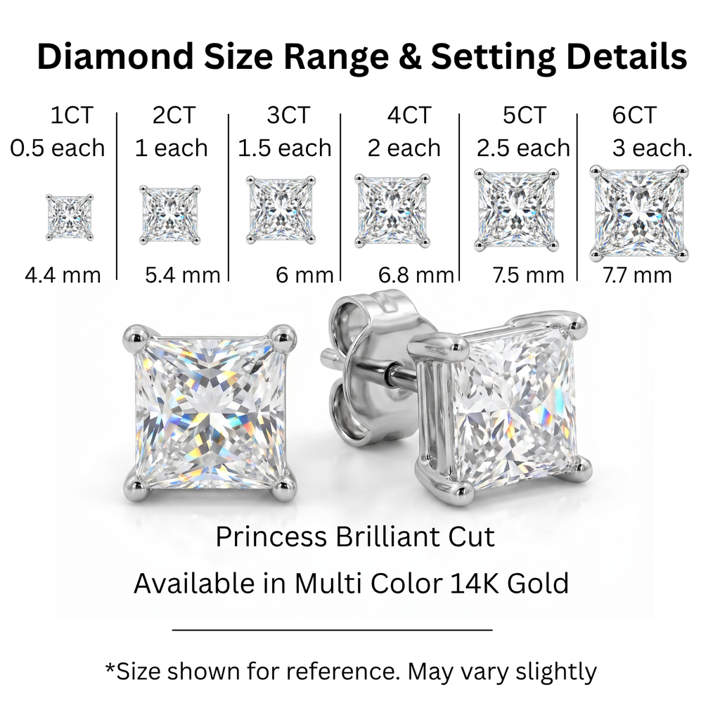 3.00-6.00 Carat T.W. Princess-cut Lab Grown Diamond (F/VS+) 14K Gold Stud Earrings with Double Notch Post & Pushback