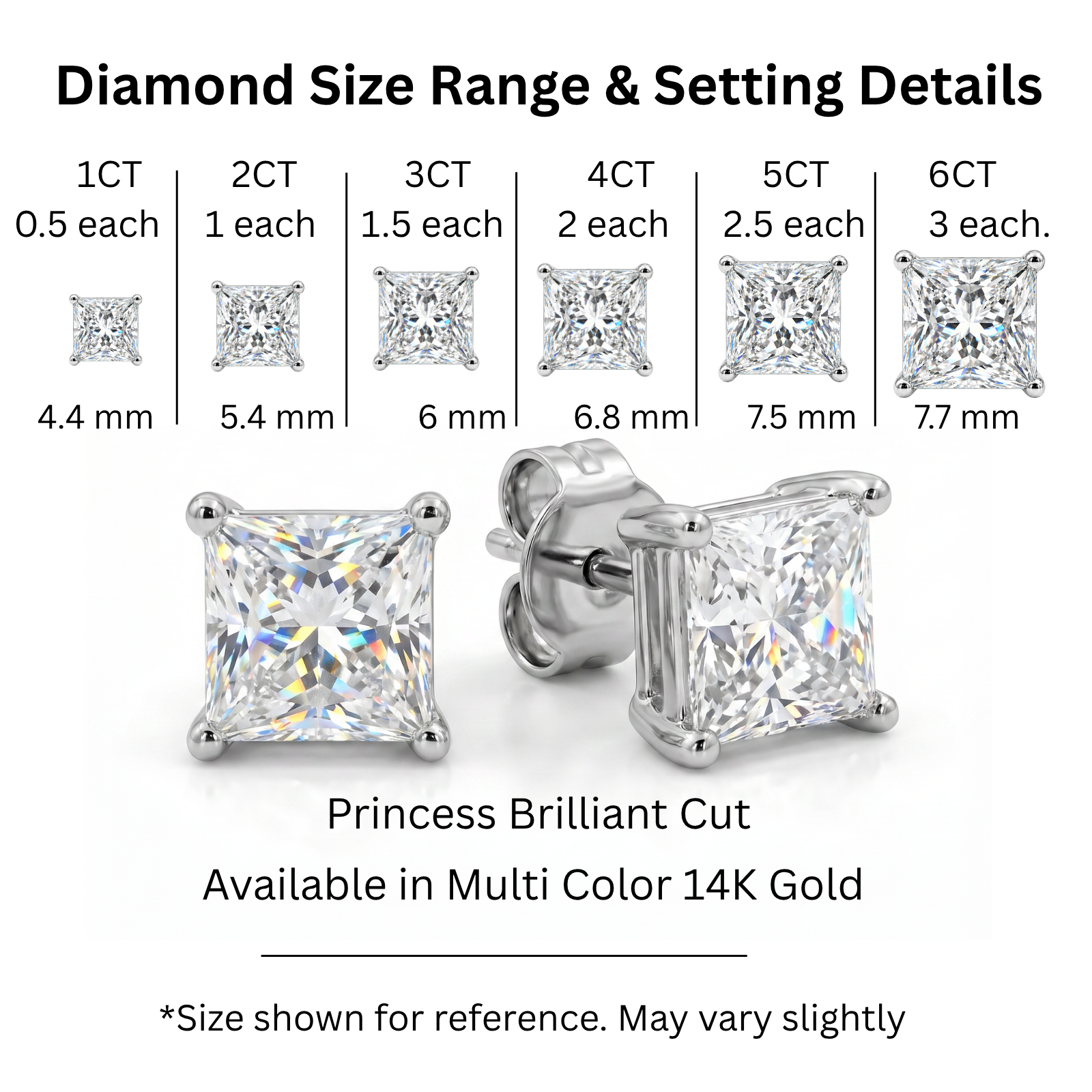 3.00-6.00 Carat T.W. Princess-cut Lab Grown Diamond (F/VS+) 14K Gold Stud Earrings with Double Notch Post & Pushback