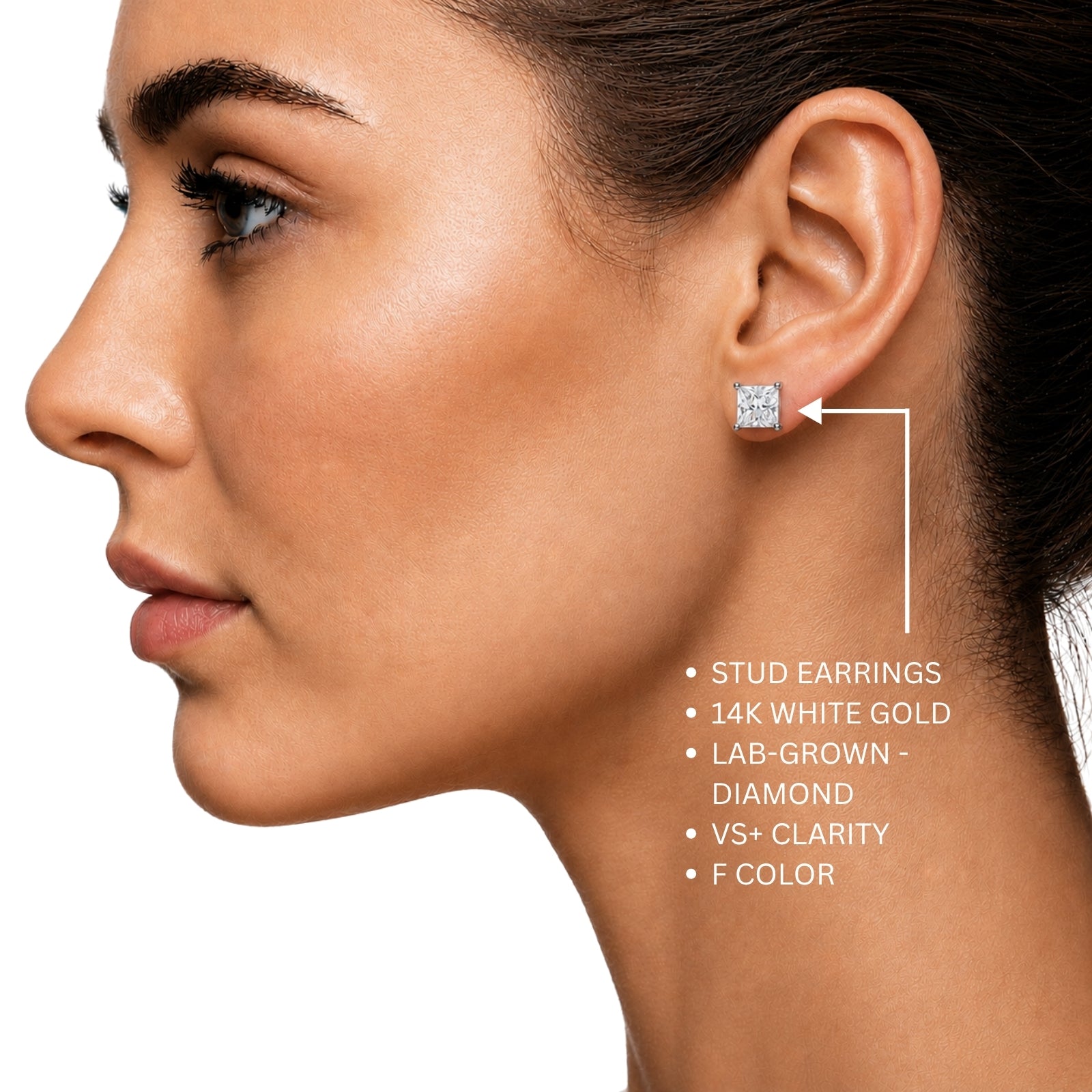 3.00-6.00 Carat T.W. Princess-cut Lab Grown Diamond (F/VS+) 14K Gold Stud Earrings with Double Notch Post & Pushback