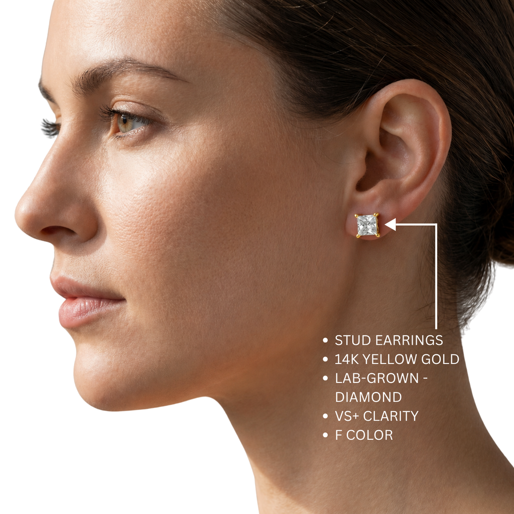3.00-6.00 Carat T.W. Princess-cut Lab Grown Diamond (F/VS+) 14K Gold Stud Earrings with Double Notch Post & Pushback