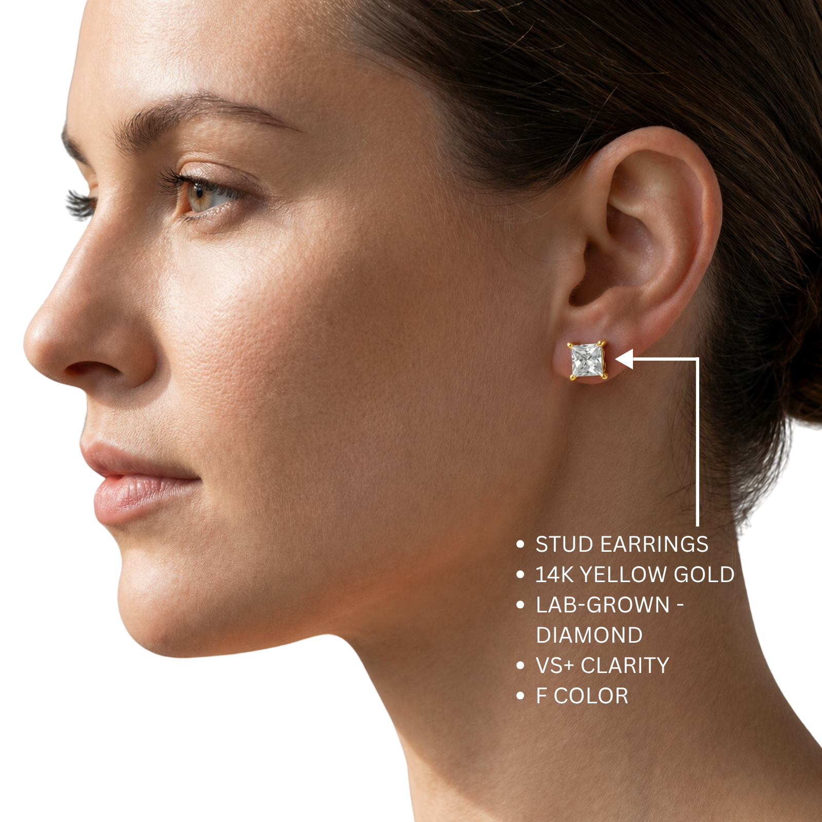 3.00-6.00 Carat T.W. Princess-cut Lab Grown Diamond (F/VS+) 14K Gold Stud Earrings with Double Notch Post & Pushback