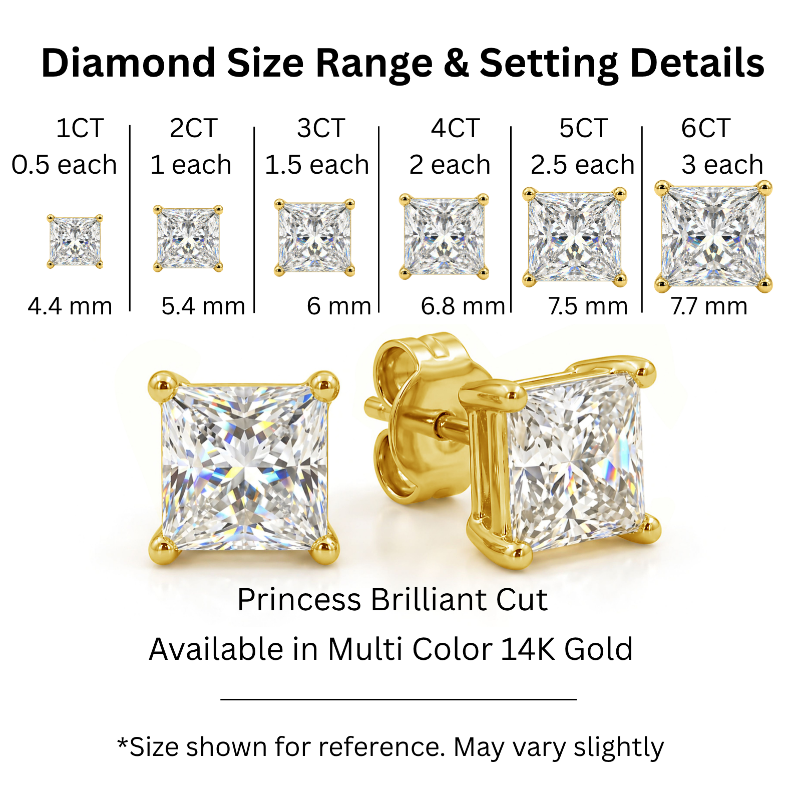 3.00-6.00 Carat T.W. Princess-cut Lab Grown Diamond (F/VS+) 14K Gold Stud Earrings with Double Notch Post & Pushback