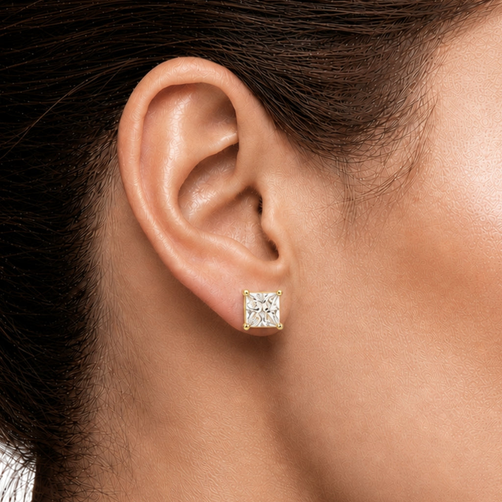 3.00-6.00 Carat T.W. Princess-cut Lab Grown Diamond (F/VS+) 14K Gold Stud Earrings with Double Notch Post & Pushback