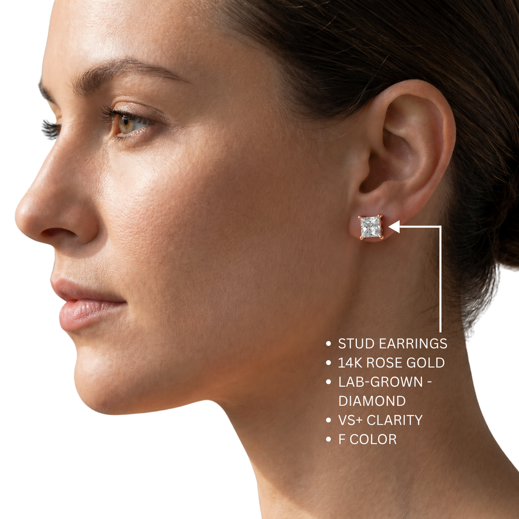 3.00-6.00 Carat T.W. Princess-cut Lab Grown Diamond (F/VS+) 14K Gold Stud Earrings with Double Notch Post & Pushback