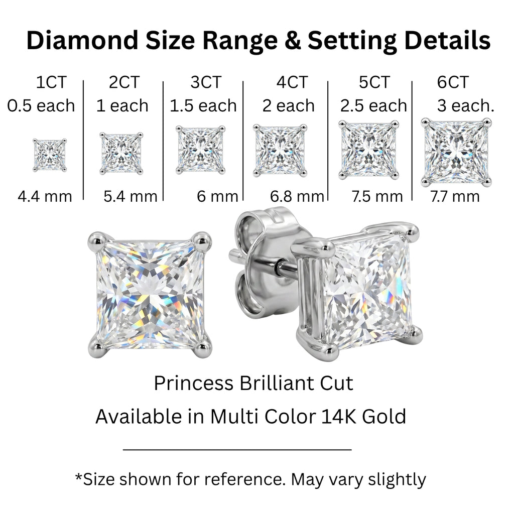 1.00 - 2.00 Carat T.W. Princess-cut Lab Grown Diamond (F/VS+) Stud Earrings with Double Notch Post & Pushback