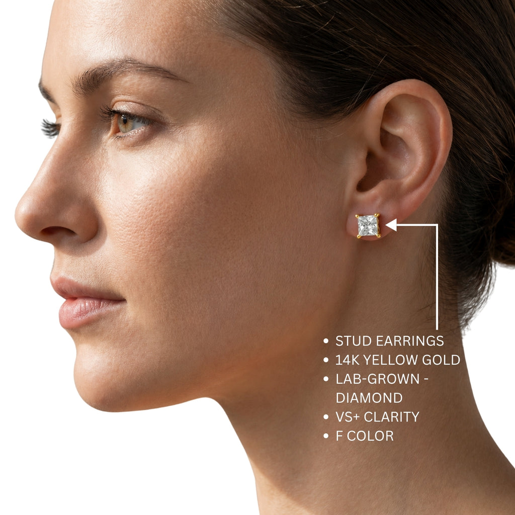 1.00 - 2.00 Carat T.W. Princess-cut Lab Grown Diamond (F/VS+) Stud Earrings with Double Notch Post & Pushback