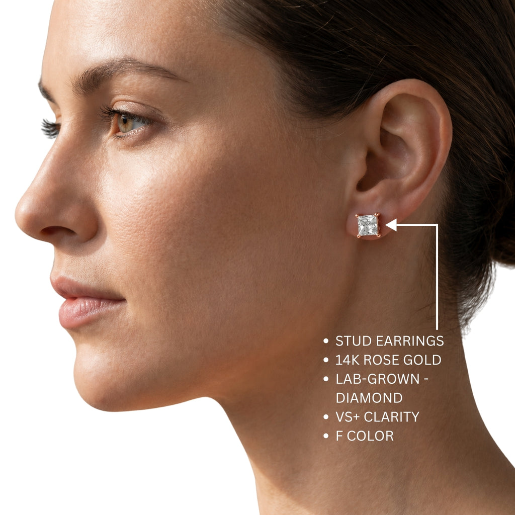 1.00 - 2.00 Carat T.W. Princess-cut Lab Grown Diamond (F/VS+) Stud Earrings with Double Notch Post & Pushback