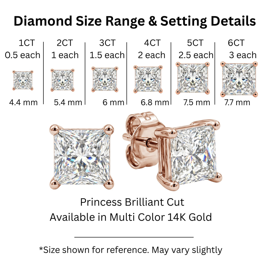 1.00 - 2.00 Carat T.W. Princess-cut Lab Grown Diamond (F/VS+) Stud Earrings with Double Notch Post & Pushback