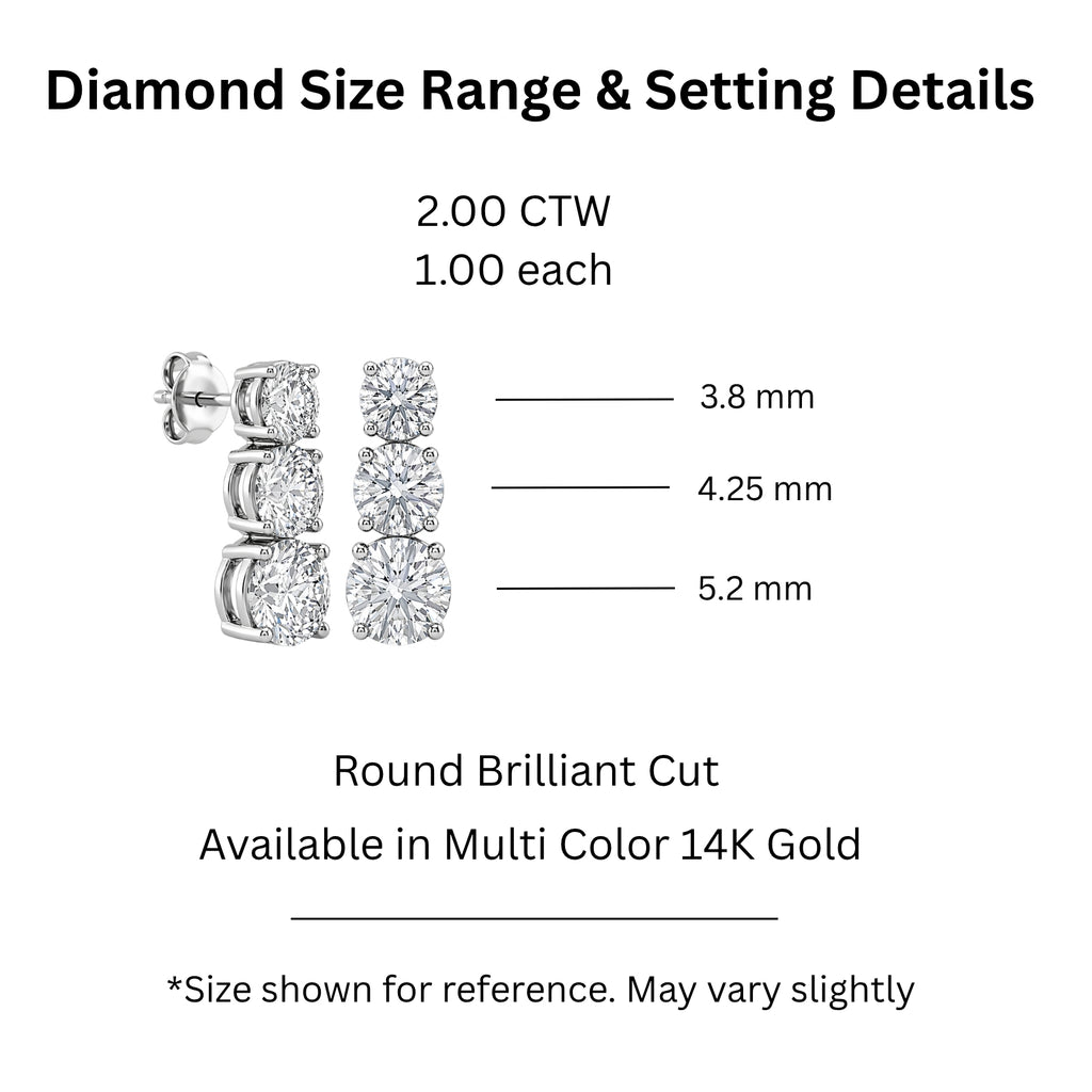 2.00 Carat T.W. Round-cut Lab Grown Diamond (F/VS+) 14K Gold Drop Earrings with Double Notch Post & Pushback