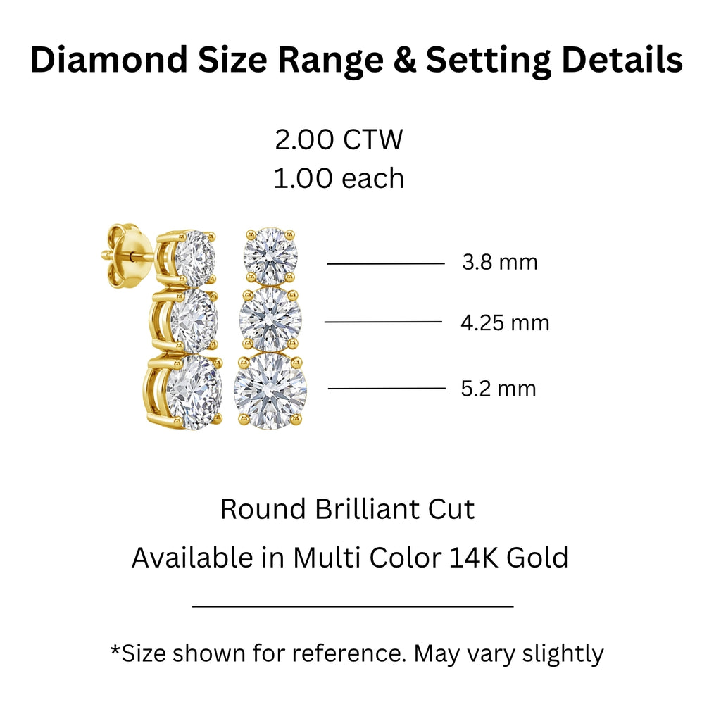 2.00 Carat T.W. Round-cut Lab Grown Diamond (F/VS+) 14K Gold Drop Earrings with Double Notch Post & Pushback