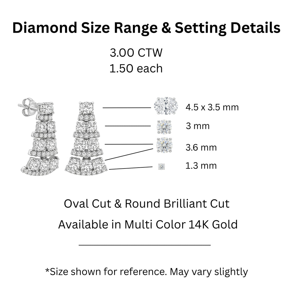 3.00 Carat T.W. Oval/Round-cut Lab Grown Diamond (F/VS+) 14K Gold Drop Earrings with Double Notch Post & Pushback