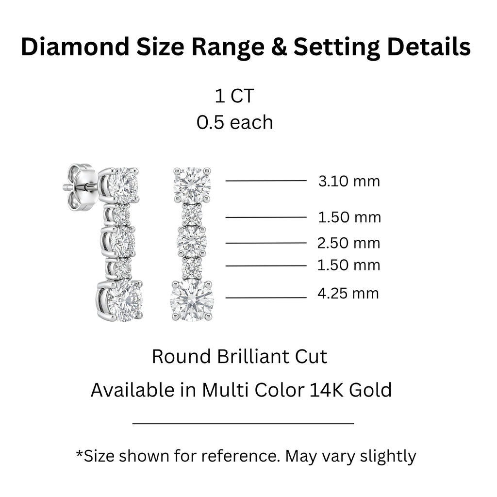 1.00 Carat T.W. Round-cut Lab Grown Diamond (F/VS+) 14K Gold Drop Earrings with Double Notch Post & Pushback