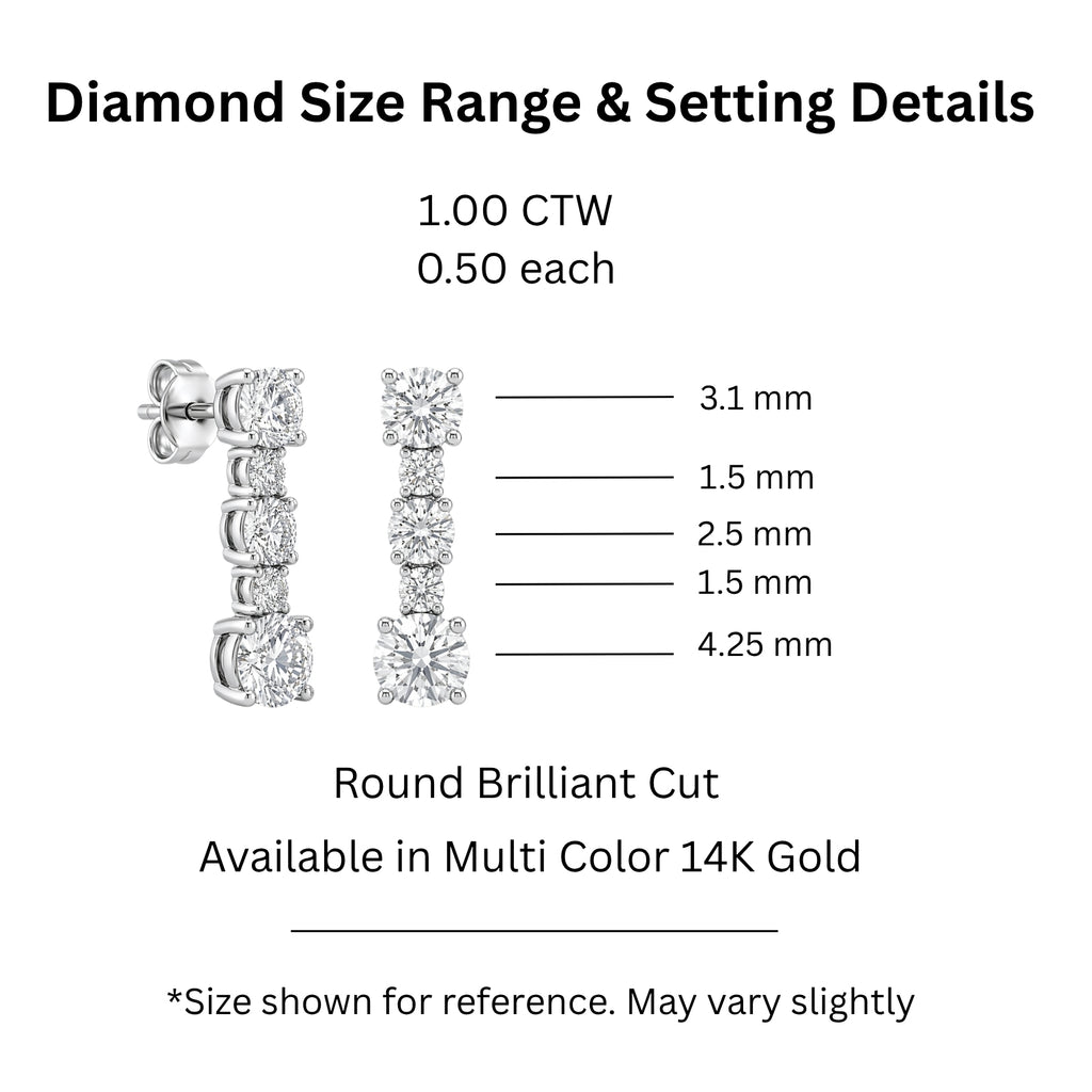 1.00 Carat T.W. Round-cut Lab Grown Diamond (F/VS+) 14K Gold Drop Earrings with Double Notch Post & Pushback