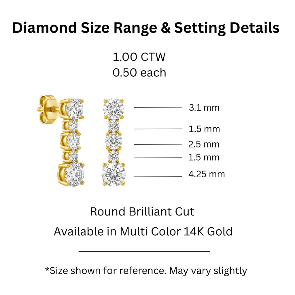 1.00 Carat T.W. Round-cut Lab Grown Diamond (F/VS+) 14K Gold Drop Earrings with Double Notch Post & Pushback