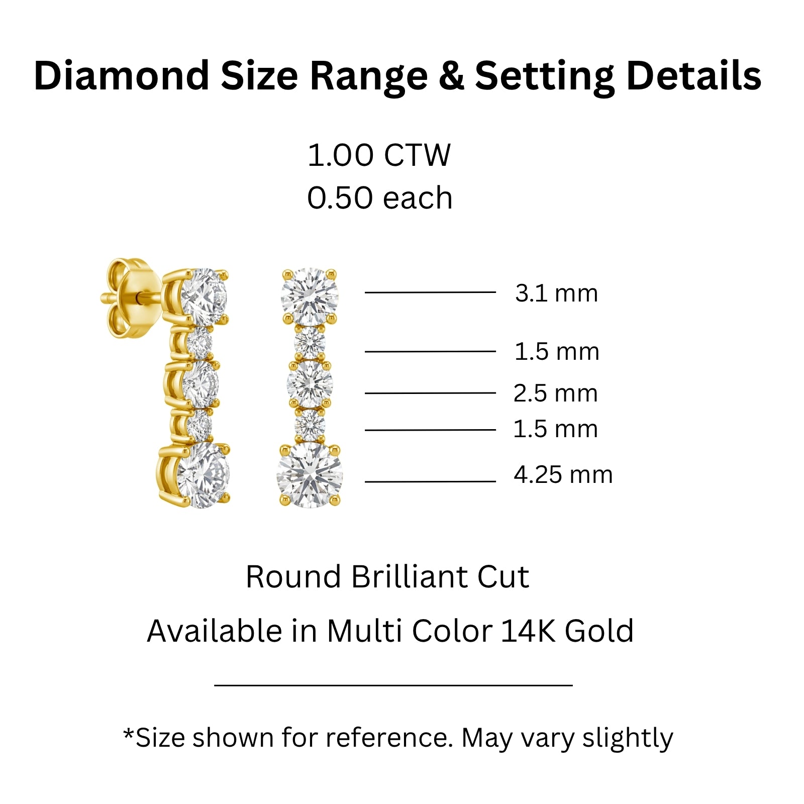 1.00 Carat T.W. Round-cut Lab Grown Diamond (F/VS+) 14K Gold Drop Earrings with Double Notch Post & Pushback