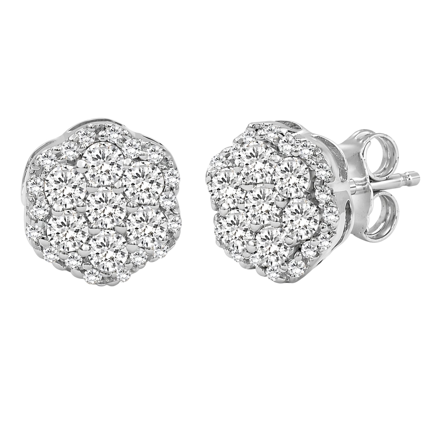 0.50 - 2.00 Carat T.W. Round-cut Lab Grown Diamond (F/VS+) 14K Gold Cluster Earrings with Double Notch Post & Pushback