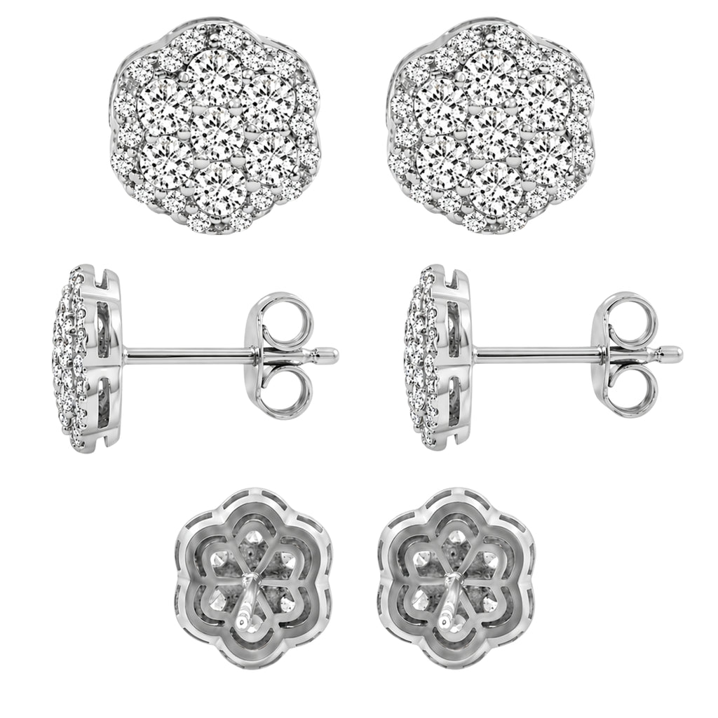 0.50 - 2.00 Carat T.W. Round-cut Lab Grown Diamond (F/VS+) 14K Gold Cluster Earrings with Double Notch Post & Pushback
