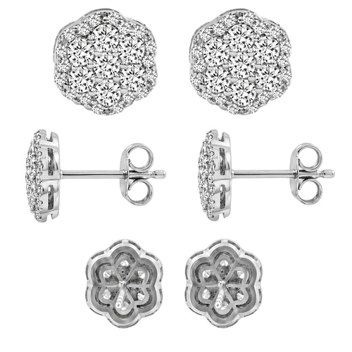 0.50 - 2.00 Carat T.W. Round-cut Lab Grown Diamond (F/VS+) 14K Gold Cluster Earrings with Double Notch Post & Pushback