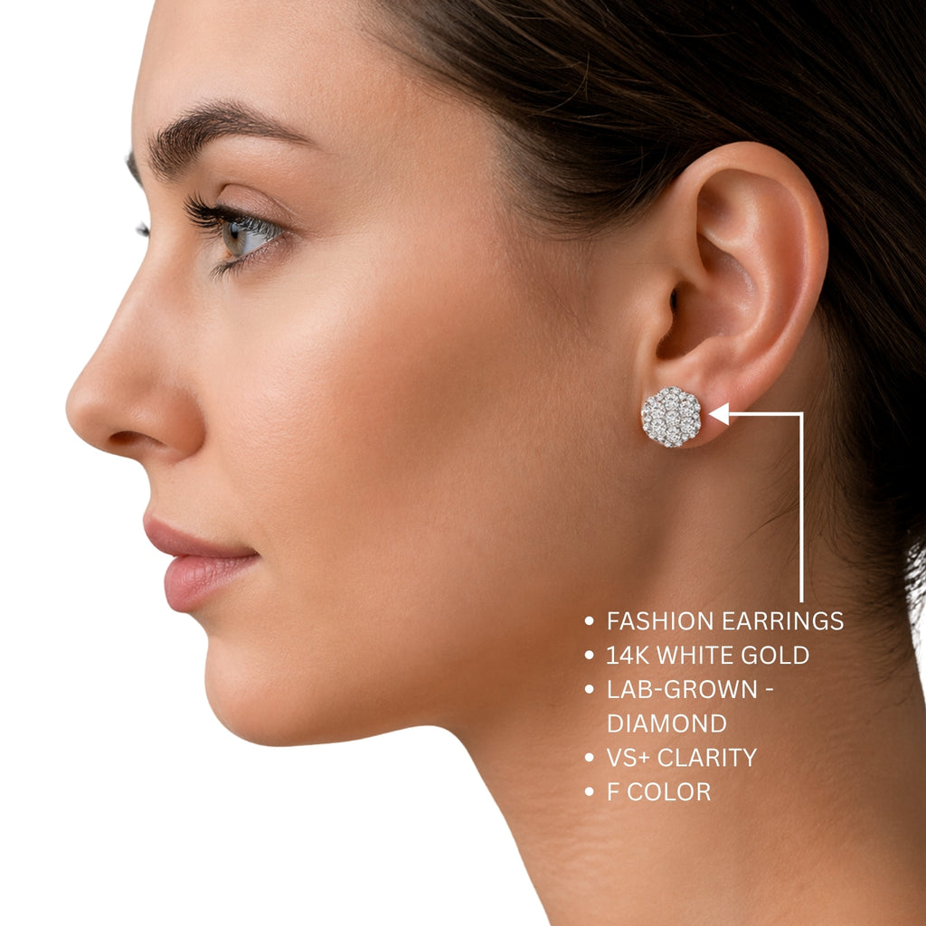 0.50 - 2.00 Carat T.W. Round-cut Lab Grown Diamond (F/VS+) 14K Gold Cluster Earrings with Double Notch Post & Pushback
