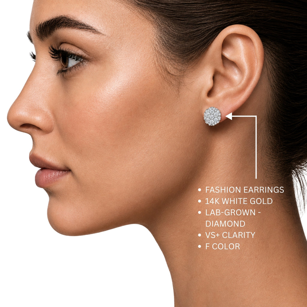 0.50 - 2.00 Carat T.W. Round-cut Lab Grown Diamond (F/VS+) 14K Gold Cluster Earrings with Double Notch Post & Pushback