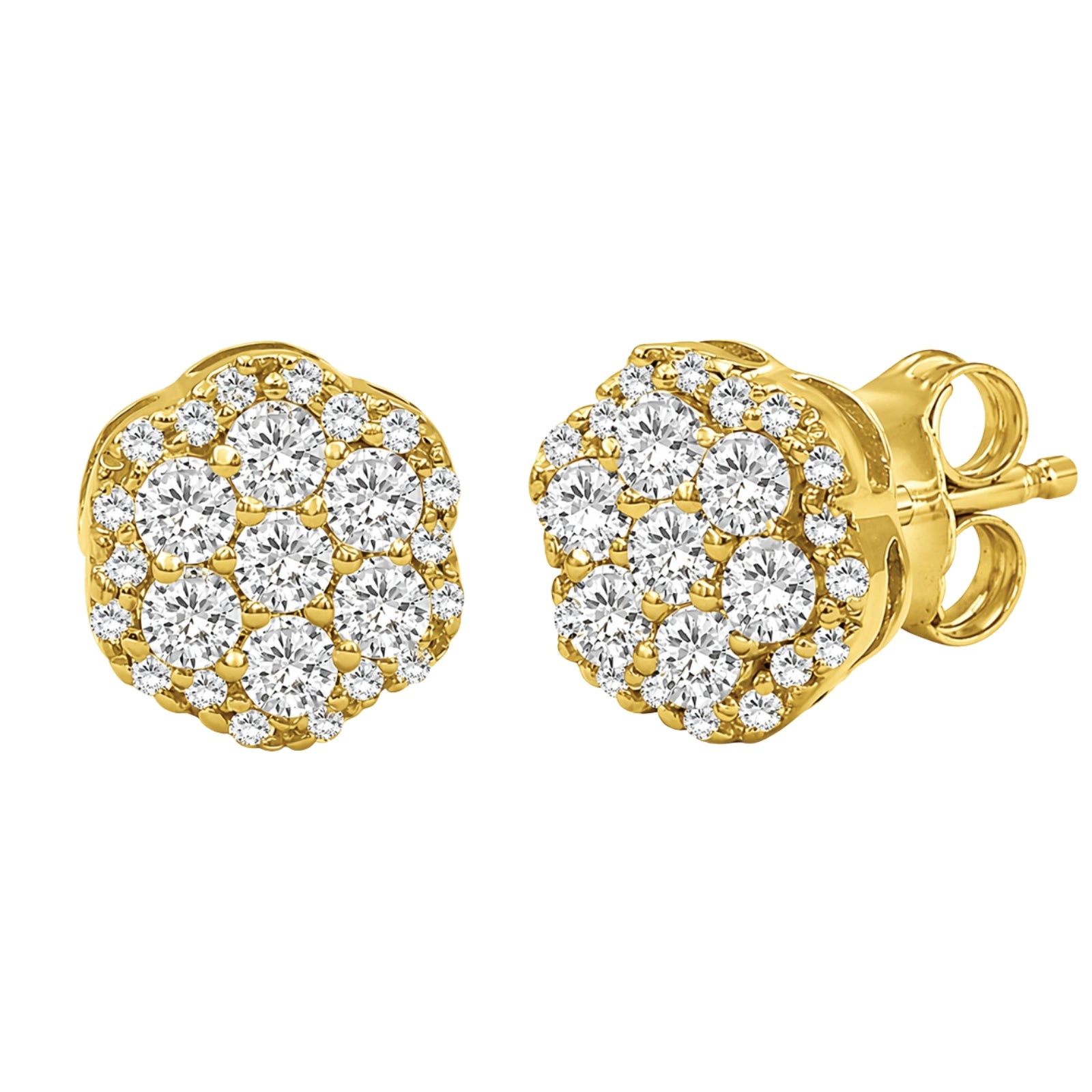 0.50 - 2.00 Carat T.W. Round-cut Lab Grown Diamond (F/VS+) 14K Gold Cluster Earrings with Double Notch Post & Pushback